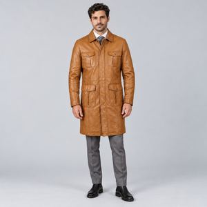 Abrigo Largo de Cuero Marrón para Hombre, Estilo Safari con Cuatro Bolsillos y Cremallera Oculta, Clásico para Invierno - Product Image 4