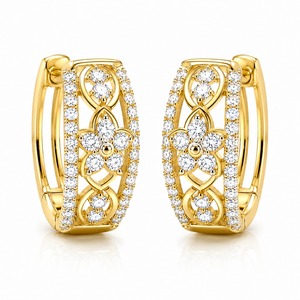 Boucles d'oreilles créoles de luxe en or jaune avec diamants ronds taille brillant, motif floral, sertissage à griffes, bijoux de mariage pour femme - Product Image 6