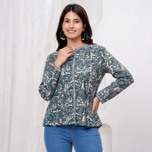 Women Floral Printed <b>Long</b> Sleeve Shirt Mandarin Collar Button Front Elegant Casual <b>Top</b> Relaxed Fit Lightweight Everyday Wear - Product Image 3