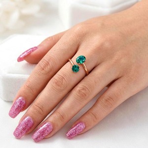 Bague Toi et Moi en Argent Sterling 925 Plaqué Or Rose avec Pierre Verte Ovale Ronde, Bague Ouverte Ajustable, Vente en Gros - Product Image 5