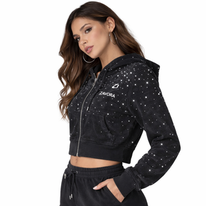 เสื้อฮู้ดครอปซิปสำหรับผู้หญิง ผ้าฝ้ายฟลีซ ลายเพชรเต็มตัว สไตล์สตรีทแวร์ มีเชือกผูก ฮู้ดแบบครอปท็อป เสื้อผ้ากีฬา - Product Image 4