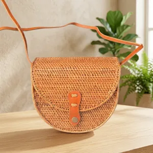 Indonesia's Best Seller Vintage Half Round <b>Straw</b> Crossbody <b>Bag</b> with Single Leather Strap Summer Beach Style - Product Image 2