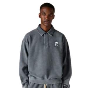 Sudadera Polo Gris de Punto Acanalado Lavado de Alto Gramaje, Manga Larga, Cuello con Solapa, Estilo Casual Masculino, Ajuste Cómodo, Calidad Premium - Product Image 6