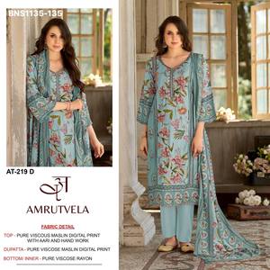 Ensemble Salwar-Kameez Semi-Couture en Mousseline de Viscose de Qualité Supérieure avec Impression Numérique et Broderie Main & Aari – Fabricant de Mode Féminine - Product Image 3