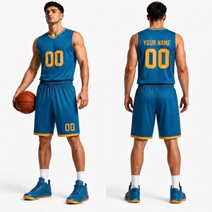 Ensemble de maillots de basket-ball unisexe bleu sans manches, col en V, impression sublimée, respirant, séchage rapide, polyester, sangle réglable, équipe personnalisée - Product Image 1