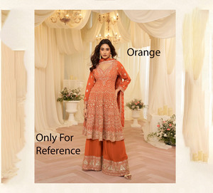 Salwar Kameez de Georgette Morado Bordado para Mujer, Traje Tradicional para Bodas y Fiestas, N.º 1448-I, Largo hasta el Tobillo, Corte Holgado - Product Image 1