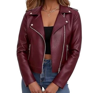 Blouson en cuir pour femme, style motard, coupe ajustée, fermeture éclair, vêtement d'extérieur d'hiver, fournisseur OEM, vente en gros, tricoté uni, respirant - Product Image 4