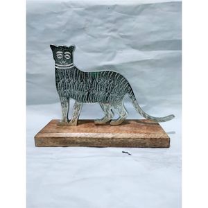 Sculpture de panthère en aluminium sur mesure sur socle en bois de mangue, statue d'art moderne de luxe, vente en gros, sculpture décorative d'intérieur - Product Image 1