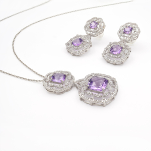 925 <b>Sterling</b> <b>Silver</b> Natural Amethyst Pendant & <b>Earring</b> <b>Set</b> Rhodium Plated OEM ODM Fine Jewelry - Product Image 2