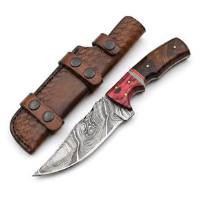 Couteau utilitaire d'extérieur personnalisé en acier Damas fait main, manche en bois de Pakka rouge et noyer, étui en cuir à double sangle, personnalisable OEM - Product Image 1