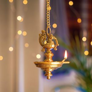 Lampe à huile Diya traditionnelle en résine en forme de canard, ensemble suspendu, pièce unique, artisanat métallique rond d'Inde pour la décoration intérieure de Diwali - Product Image 3