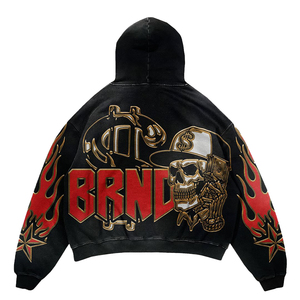 Sweat à capuche oversize pour homme de votre marque, imprimé crâne et flammes, style Hip Hop, noir, délavé à l'acide vintage, logo avant et arrière, capuche intégrale - Product Image 2