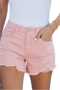 Shorts de Mezclilla Rosa de Cintura Alta para Mujer, con Detalles Desgastados, Estilo Casual de Verano - Product Image 2