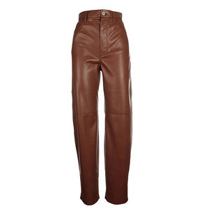 Pantalon d'hiver vintage décontracté pour femme en cuir véritable respirant coupe-vent, jambe large, taille mi-haute, devant plat, à carreaux et à lacets - Product Image 3