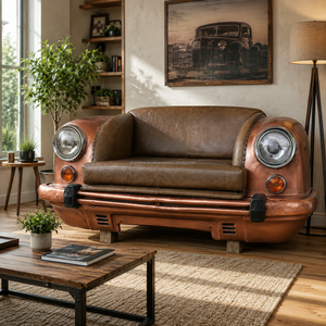 Sofá de Cuero Genuino de Primera Calidad con Diseño de Asiento Delantero de Auto Clásico |   Sofá de 2 Plazas Hecho a Mano de Estilo Industrial Automotriz |   Muebles de Salón Retro de Lujo - Product Image 2