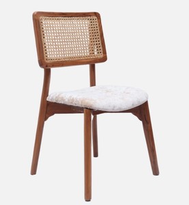 Chaise de salle à manger moderne en bois avec dossier en rotin et assise en velours rembourrée, design mid-century, mobilier pour la maison - Product Image 2