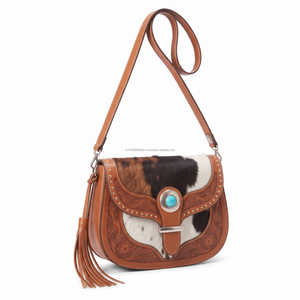 Cowgirl Brown Genuine Leather Crossbody Saddle <b>Bag</b> With Cowhide Flap Turquoise Concho Floral Tooling Shoulder <b>Bag</b> Casual Use - Product Image 2