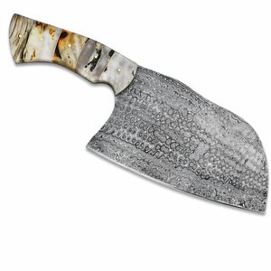 Handmade 8-Inch Damascus Steel Cleaver <b>Knife</b> with <b>Bone</b> <b>Handle</b> Ambidextrous Design Modern Style Dishwasher Safe Leather Sheath - Product Image 1