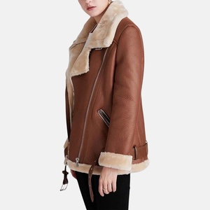 Women's <b>Brown</b> Genuine <b>Leather</b> Bomber <b>Jacket</b> With Fur Trim Zipper Closure - Product Image 1