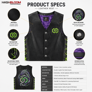 Chaleco de Motociclista Cyberpunk para Hombre, Cuero Vacuno Genuino de 1.0 mm, Poliéster Satinado, Detalles Neón Bordados a Mano, Cierre con Cinturón - Product Image 5
