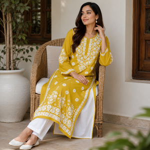 Kurti droit en coton brodé à la main Chikankari jaune moutarde exclusif pour femme avec col en tissu ethnique à motifs floraux - Product Image 2