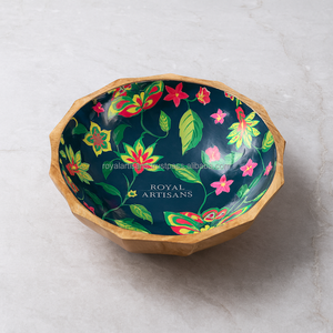 Royal Artisans - Tazón de Servir de Madera Hecho a Mano, Estilo Americano, Ecológico, Sin Recubrimiento, con Patrón de Hojas Azules Esmaltadas, para Aperitivos - Product Image 5