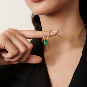 Collier pendentif en or jaune véritable 14 carats avec chaîne à maillons et pierre unique émeraude en forme de poire, design exquis et tendance, bijoux raffinés - Product Image 4