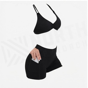 North Approach 2 Piece Yoga Set Black Crisscross Strap Sports <b>Bra</b> High Waist Shorts With Pockets Breathable Seamless Workout - Product Image 3