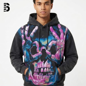 Sudadera con Capucha Personalizada para Hombre, Color Carbón, Lavado Ácido, 450GSM, Diseño Vintage con Estampado de Calavera, Estilo Urbano Y2K, Corte Holgado y Cuadrado - Product Image 1