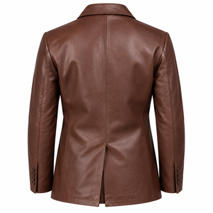 <b>Men's</b> Luxury Chocolate Brown <b>Leather</b> <b>Blazer</b> Double Breasted Wide Notch Lapel Business Casual Suit Jacket OEM Wholesale Supplier - Product Image 2