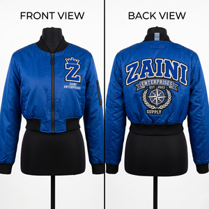 Blouson bomber court pour femme, 210 GSM, polyester sergé premium, bleu royal, noir, broderie personnalisée, patch en chenille, OEM ODM - Product Image 1