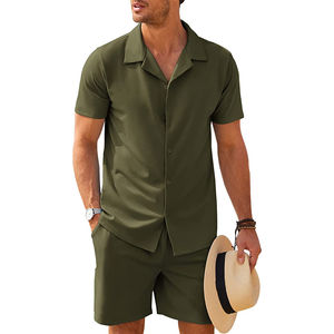 Conjuntos Cortos Transpirables Casuales de Verano para Hombre al por Mayor, Logotipo Personalizado, Mezcla de Poliéster/Algodón, 2 Piezas, Trajes con Botones - Product Image 3