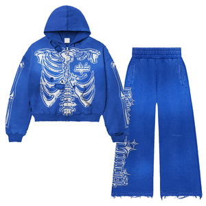 Latest Custom Logo <b>Y2K</b> Gothic Skeleton Print Tracksuit Men Distressed Zip Hoodie Sweatpants Punk 2 Piece Set <b>Vintage</b> Washed Set - Product Image 1