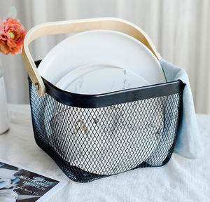 Multipurpose Metal <b>Storage</b> Organizer Fruit <b>Basket</b> with Handle <b>Vegetable</b> <b>Storage</b> <b>Basket</b>, Hanging Garden <b>Basket</b> with Wooden Handle - Product Image 5