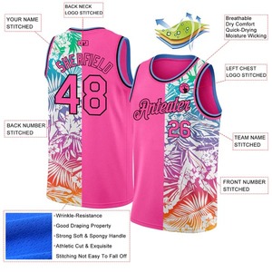 Camiseta de Baloncesto Personalizada con Hojas de Palma Tropicales Hawaianas en Rosa y Negro, Auténtica, Premium, Sublimada, de Malla, sin Mangas, Deportiva - Product Image 2