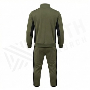 Ensemble de survêtement vert olive pour homme, fermeture éclair intégrale, col montant, vêtements de sport décontractés, respirant, en polyester et coton, design uni - Product Image 2