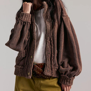 Cárdigan de Punto Personalizado para Mujer, 100% Acrílico, Color Sólido, Manga Abullonada, Cuello Redondo, Cierre de Botones, Estilo Casual para Otoño - Product Image 1