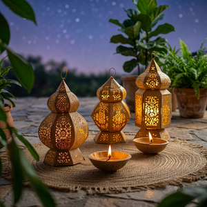Curated <b>Moroccan</b> <b>Lantern</b> Collection Featuring Ornamental Metal Craft for Sophisticated Tabletop Ambient Lighting - Product Image 1
