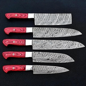 5 PCS Handmade Damascus Kitchen <b>Knife</b> <b>Set</b> Professional Chef <b>Knife</b> <b>Set</b> with Red Wood Handles Custom OEM - Product Image 6