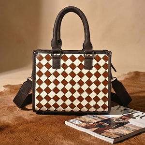 Fashion Brown white Checkered Leather Tote <b>Bag</b> for Women Designer Crossbody <b>Shoulder</b> Handbag with Adjustable <b>Strap</b> - Product Image 5