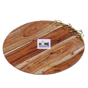 Designer en bois grande planche à découper ronde feuille métal bois plateaux de luxe en gros métal service plateau en bois - Product Image 1