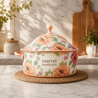 Panci Casserole Baja Enamel Motif Bunga Premium Marvel Handicrafts dengan Tutup, Tahan Panas, Elegan, Peralatan Masak, Hadiah