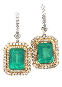 Boucles d'oreilles pendantes classiques taille émeraude, plaqué or 18 carats, halo de diamants, bijoux de mariage pour femme, style géométrique - Product Image 3