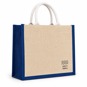 Eco-Friendly Jute Beach Shopping <b>Bag</b> <b>Medium</b> <b>Size</b> Keep It Simple Print Blue Trim Hand Carry Grocery Tote - Product Image 1