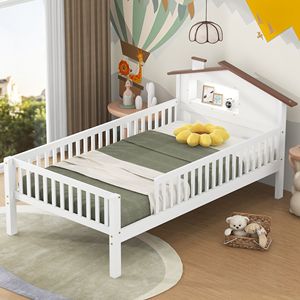 Letto a piattaforma in legno bianco per bambini, misura twin, con testiera a LED a forma di casetta e contenitore integrato - Product Image 1