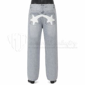 Jeans de Mezclilla de Pierna Recta para Hombre, Cintura Media, Lavado Claro, Estilo Casual de Algodón con Parche de Estrella Blanca en el Bolsillo Trasero, para Usar en Verano - Product Image 2