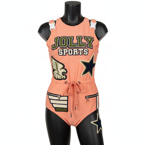 Traje de Baño Premium para Mujer en Poliéster y Spandex Color Durazno Naranja con Parche Bordado en Chenille y Logotipo Personalizado - Product Image 1