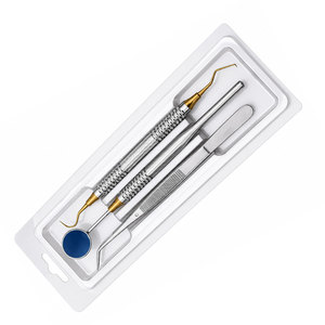 Kit de Examen Dental Profesional de 3 Piezas, Listo para Venta al por Menor, Espejo Bucal de Acero Inoxidable, Pinzas College y Sonda Explorer Dorada - Product Image 5