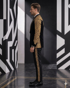 Costume de smoking noir à sequins dorés pour homme, style italien, col cranté, simple boutonnage, revers en velours, tenue de cérémonie - Product Image 6