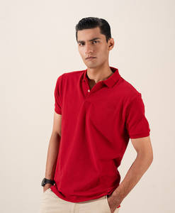 เสื้อโปโลผู้ชายสีแดง ผ้าฝ้าย แขนสั้น ทรงปกติ สวมใส่สบาย สีพื้น ผ้าถัก - Product Image 3